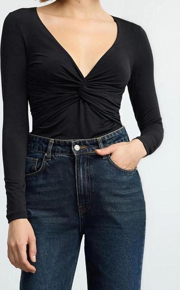 Stil Kadın Büzgü Drape Detaylı Fitted Vücuda Oturan Kollu Esnek Bluz Crop Örme Slim Kalıp - Image 1