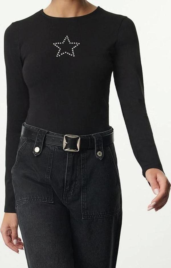 Stil Kadın Yıldız Taş Baskılı Fitted Vücuda Oturan Bluz Regular Örme Slim Kalıp - Image 1