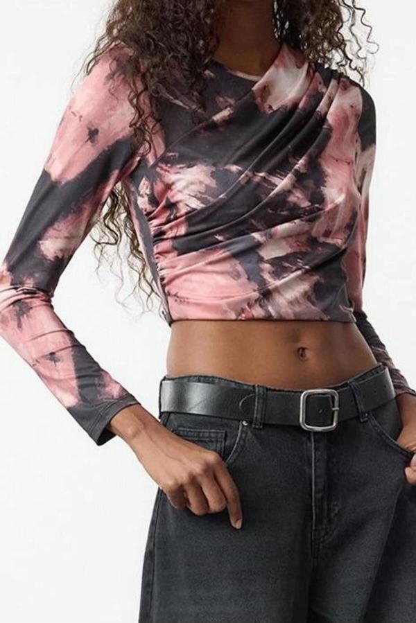 Stil Kadın Soyut Desenli Büzgü Drape Detaylı Bluz Crop Örme Slim Kalıp - Image 1