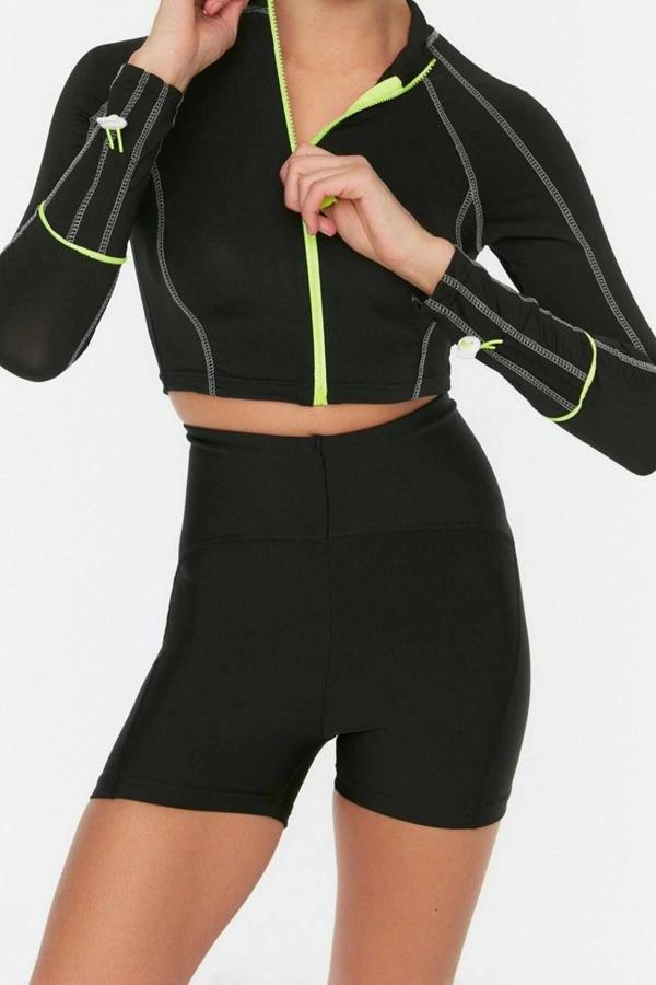 Stil Kadın Fermuarlı Spor Üst Bluz Crop Örme Fitted Kalıp Reglan Kol - Image 1