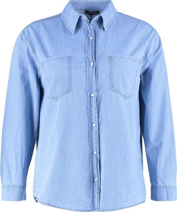 Moda Kadın Büyük Beden Polo Yaka Düz Desen Günlük Açık Denim Gömlek - Image 1