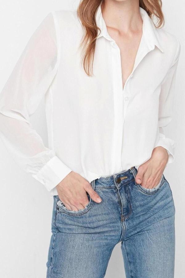 Moda Kadın Gömlek Yaka Düz Desen Günlük Kolları Transparan Regular Normal Kalıp Dokuma Gömlek - Image 1