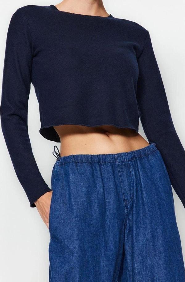 Stil Kadın Düşük Omuzlu Selanik Triko Görünümlü Bluz Crop Örme Regular Kalıp - Image 1