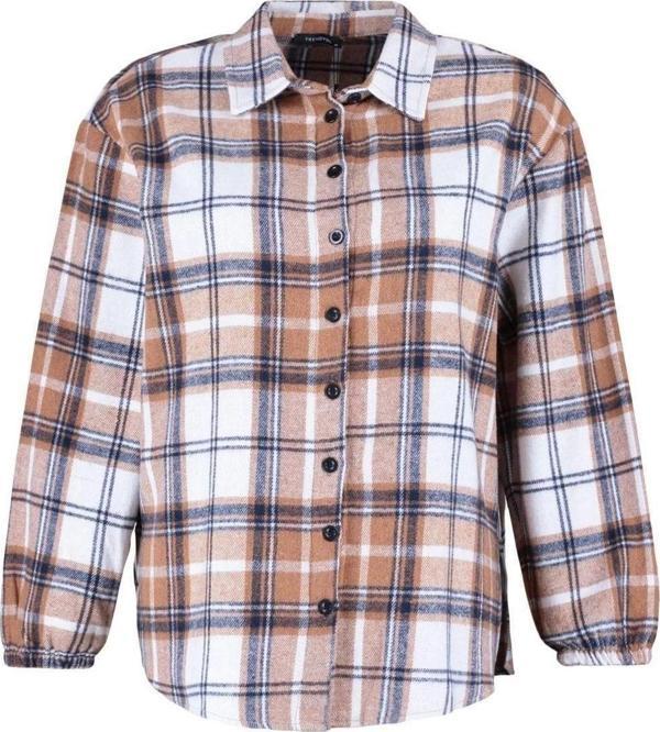 Moda Kadın Büyük Beden Gömlek Yaka Ekose Günlük Ekoseli Oversize Dokuma Gömlek - Image 1