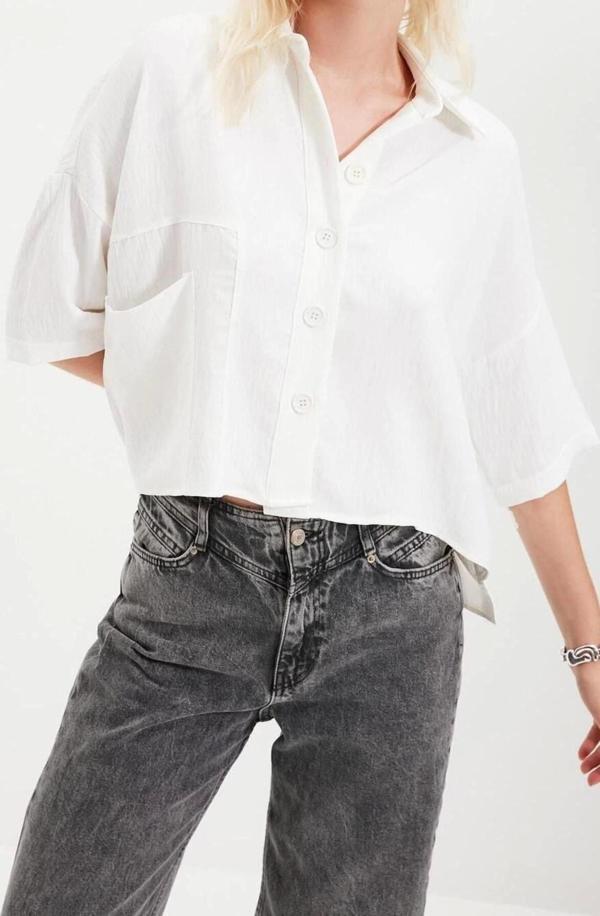 Moda Kadın Gömlek Yaka Düz Desen Günlük Oversize Geniş Kalıp Fakir Kol Dokuma Gömlek - Image 1