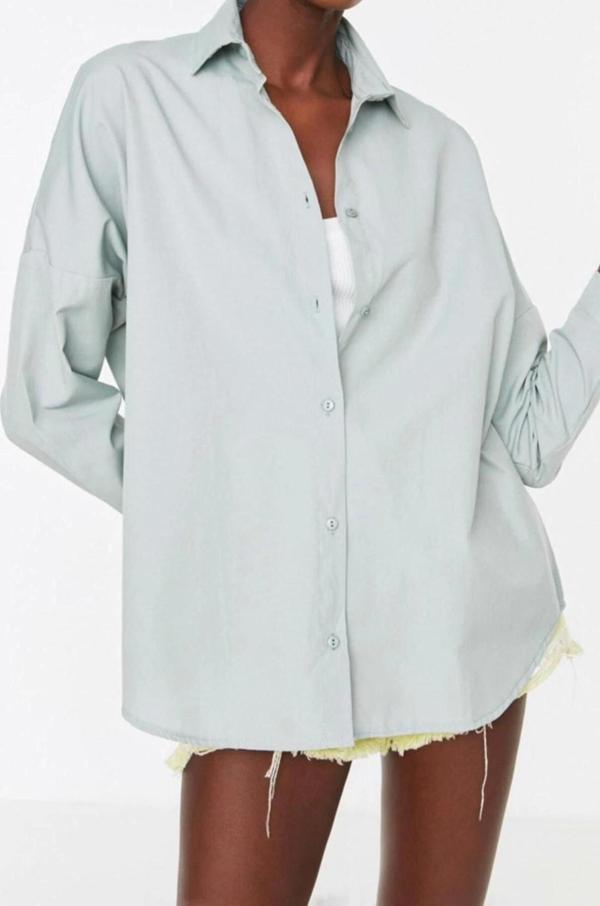 Moda Kadın Gömlek Yaka Düz Desen Günlük Pamuklu Oversize Geniş Kalıp Dokuma Gömlek - Image 1