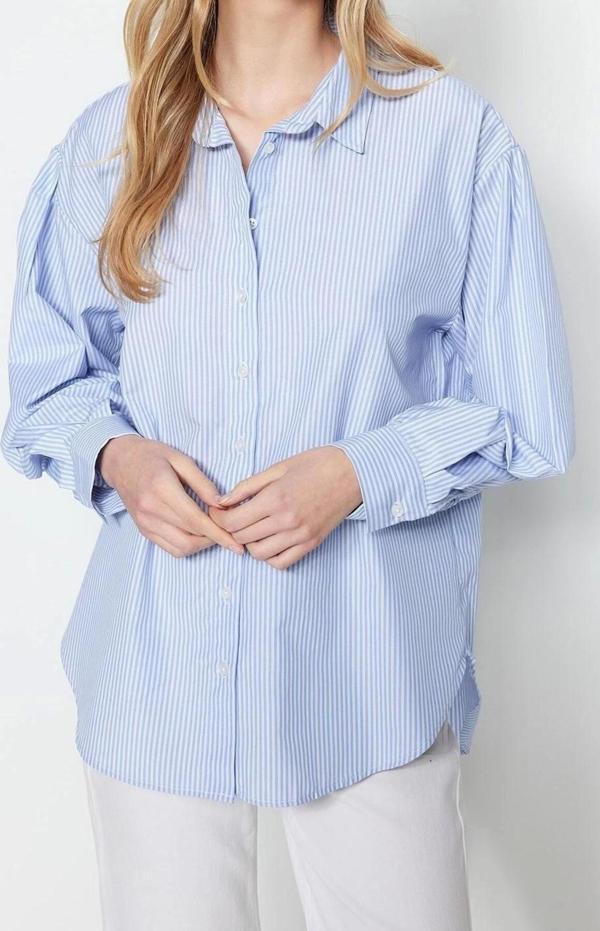 Moda Kadın Gömlek Yaka Çizgili Desen Günlük Basic Çizgili Oversize Geniş Kalıp Dokuma Gömlek - Image 1