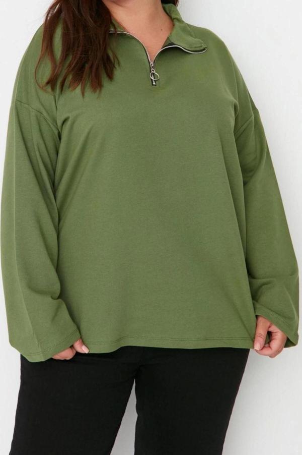 Büyük Beden Oversize Polo Yaka Düşük Kol Regular Fermuarlı Yüksek Yakalı İnce Örme Sweatshirt - Image 1