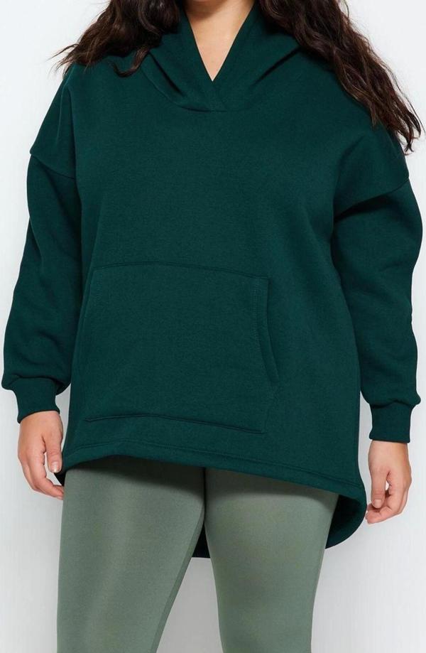 Büyük Beden Tarz Oversize Kapüşonlu Düşük Kol Regular Kalın İçi Polarlı Örme Sweatshirt - Image 1