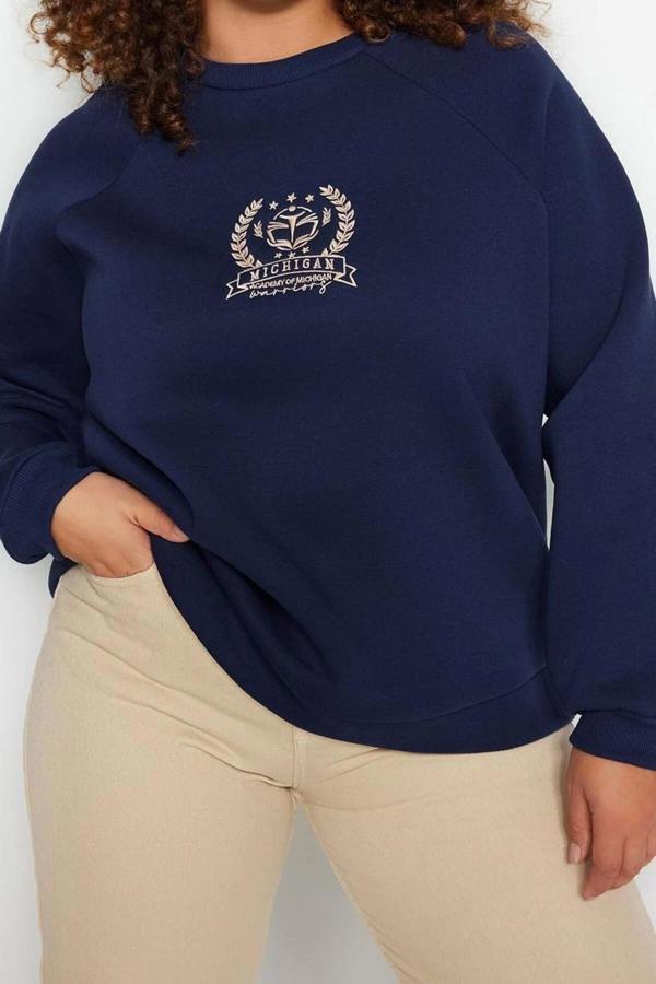 Büyük Beden Oversize Bisiklet Yaka Reglan Kol Kalın İçi Polarlı Nakış Detaylı Örme Sweatshirt - Image 1