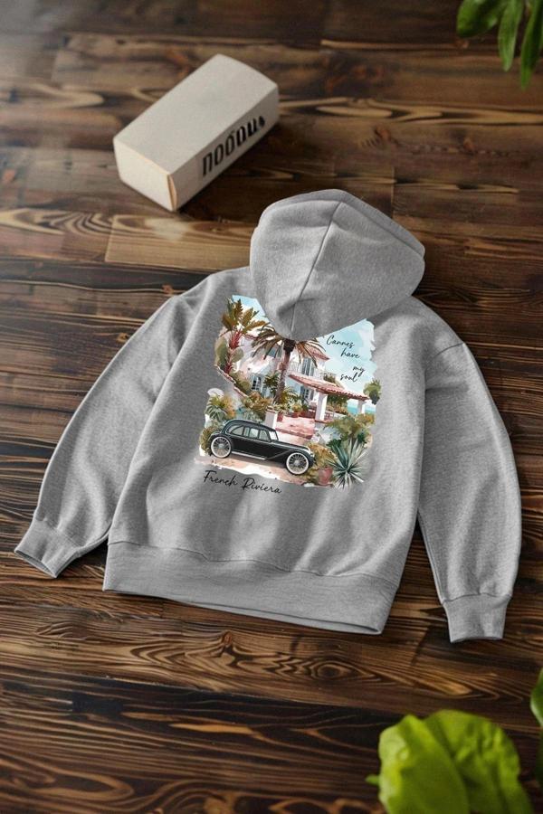 Unisex Oversize Kapüşonlu Standart Gri Geniş Kesim Uzun Kol Sıcak Tutan Baskılı Sweatshirt - Image 1