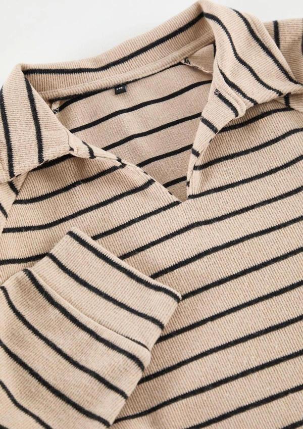 Büyük Beden Oversize Polo Yaka Düşük Kol Çizgili Geniş Kalıp Selanik Polo Yaka Örme Sweatshirt - Image 1