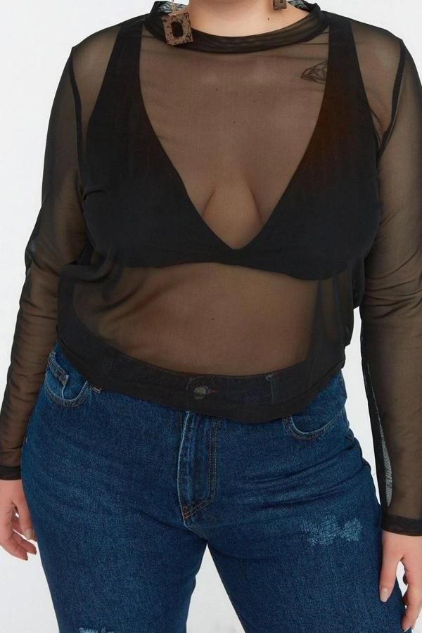 Moda Büyük Beden Bisiklet Yaka Örme Regular Düz Desen Casual Günlük Crop Uzun Kol Bluz - Image 1