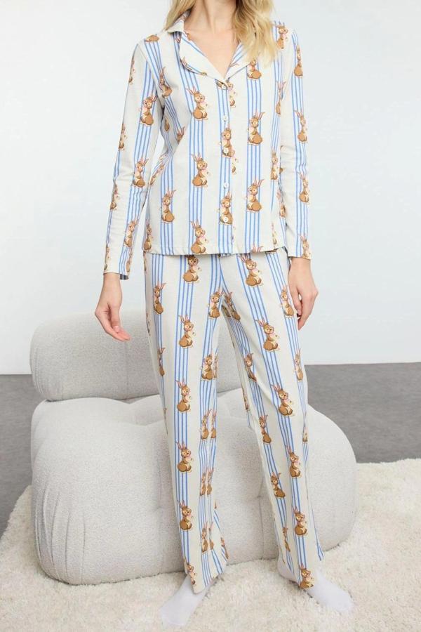 Tarz Rahat Uzun Kollu Boru Paça %100 Pamuklu Çizgili Tavşan Desenli Örme Pijama Takımı - Image 1