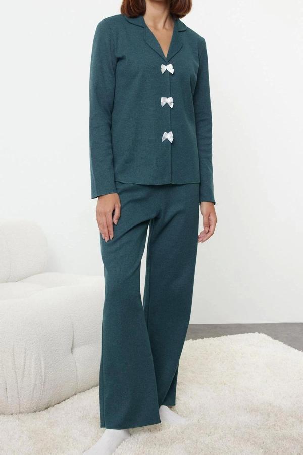 Tarz Rahat Uzun Kollu Boru Paça Kurdele Fiyonklu Waffle Kumaş Örme Pijama Takımı - Image 1