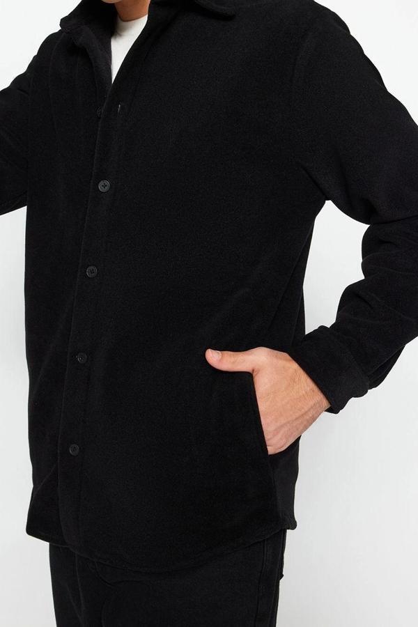 Şık Düz Desen Gömlek Yaka Unisex Regular Fit Yan Cepli Polar Kalın Kışlık Rahat Gömlek Ceket - Image 1