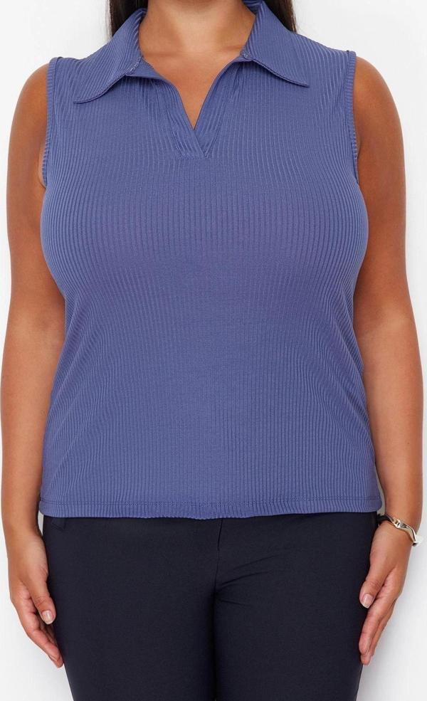 Moda Büyük Beden Polo Yaka Örme Fit Düz Desen Casual Günlük Regular Kolsuz Bluz - Image 1