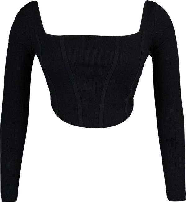 Moda Büyük Beden Kare Yaka Örme Fit Düz Desen Casual Günlük Crop Uzun Kol Bluz - Image 1