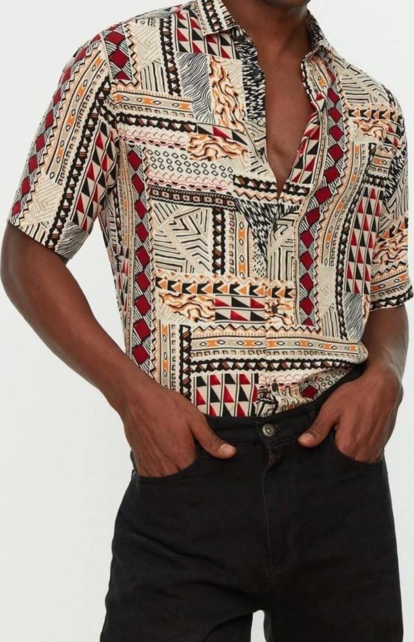Şık Etnik Desen Gömlek Yaka Regular Fit Apaş Yaka %100 Viskon Kısa Kollu Yazlık Etnik Gömlek - Image 1