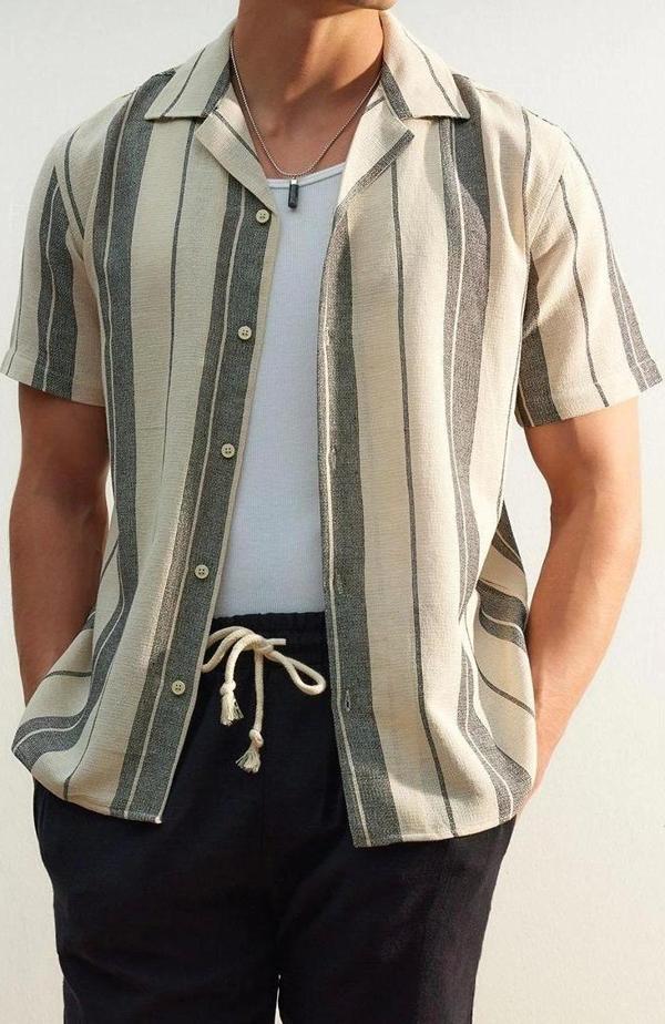 Şık Çizgili Desen Gömlek Yaka Limited Edition Regular Fit Çizgili Dokulu Yazlık Gömlek - Image 1