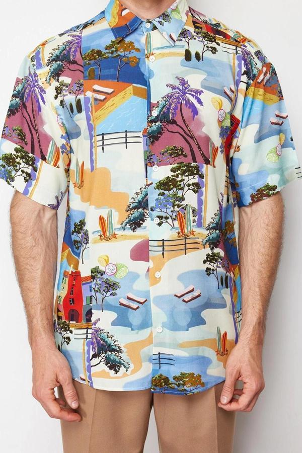 Şık Baskılı Desen Gömlek Yaka Oversize Fit %100 Viskon Baskılı Kısa Kollu Salaş Yazlık Gömlek - Image 1