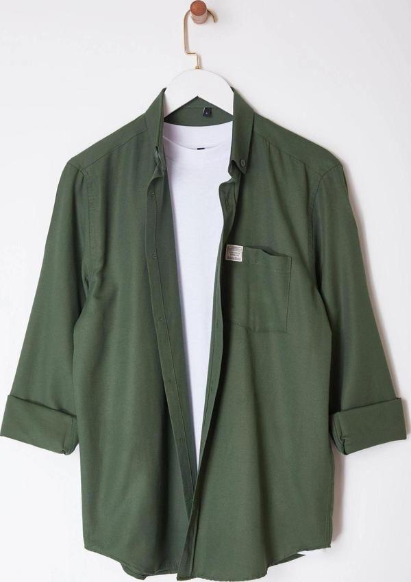 Şık Düz Desen Gömlek Yaka Regular Fit Etiket Detaylı Şambre Kolay Ütülenebilir Gömlek - Image 1