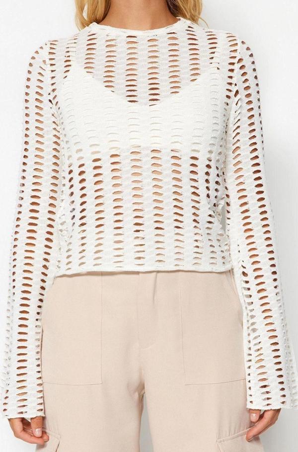 Moda Bisiklet Yaka Örme Regular Düz Desen Casual Günlük Crop Uzun Kol Bluz - Image 1