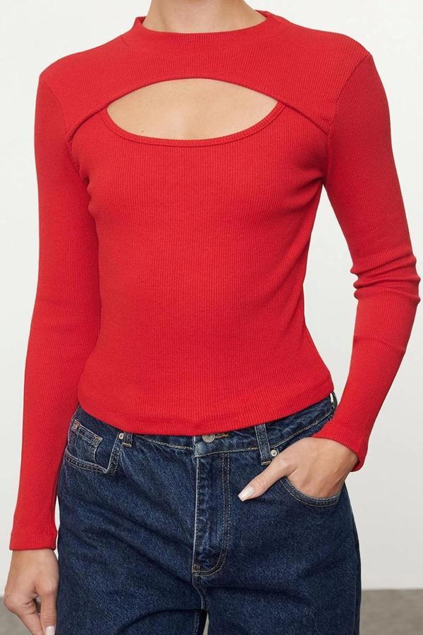 Moda Bisiklet Yaka Örme Slim Düz Desen Casual Günlük Crop Uzun Kol Bluz - Image 1