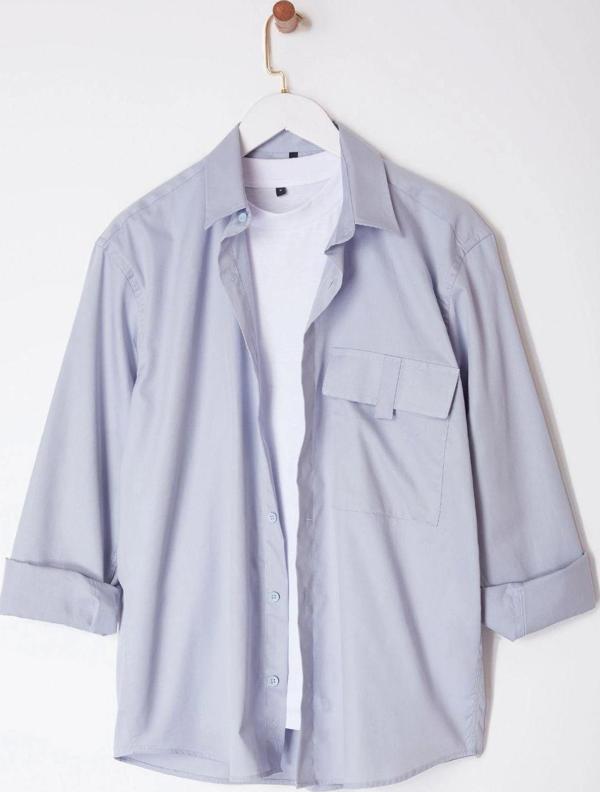 Şık Düz Desen Gömlek Yaka Limited Edition Oversize Fit Cep Detaylı %100 Pamuk Gömlek - Image 1
