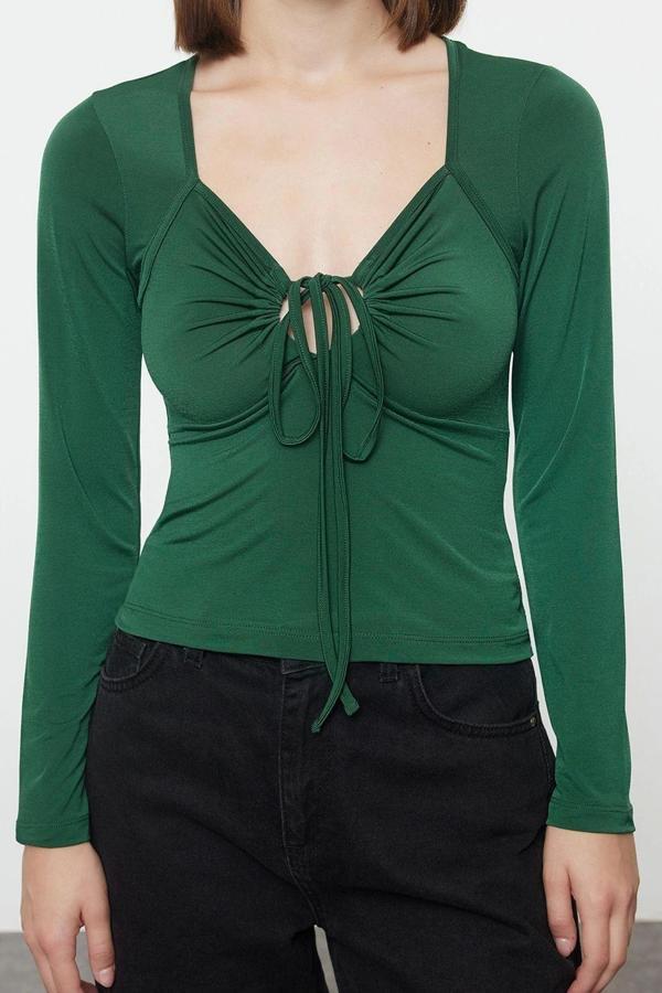 Moda Boyundan Bağlamalı Örme Slim Düz Desen Casual Günlük Regular Uzun Kol Bluz - Image 1