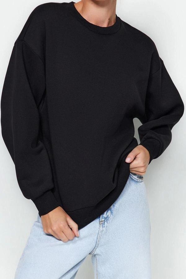 Regular Bisiklet Yaka Düşük Kol Regular Kalın İçi Polarlı Normal Kalıp Basic Örme Sweatshirt - Image 1