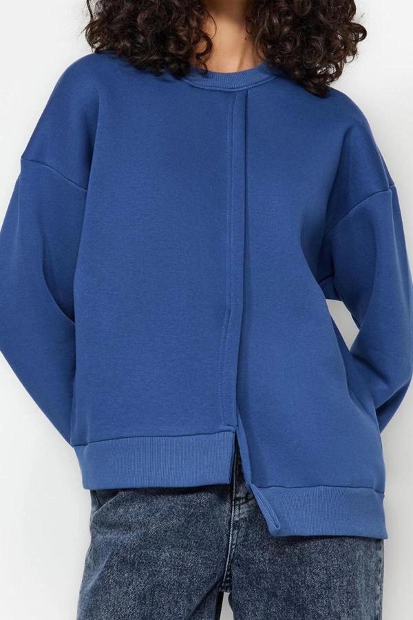 Regular Bisiklet Yaka Düşük Kol Regular Kalın İçi Polarlı Asimetrik Detaylı Örme Sweatshirt - Image 1