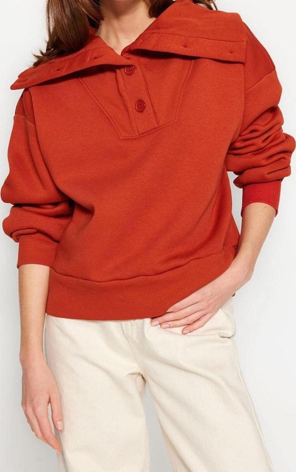 Polo Yaka Düşük Kol Kalın İçi Polarlı Normal Kalıp Triko Detaylı Örme Sweatshirt - Image 1