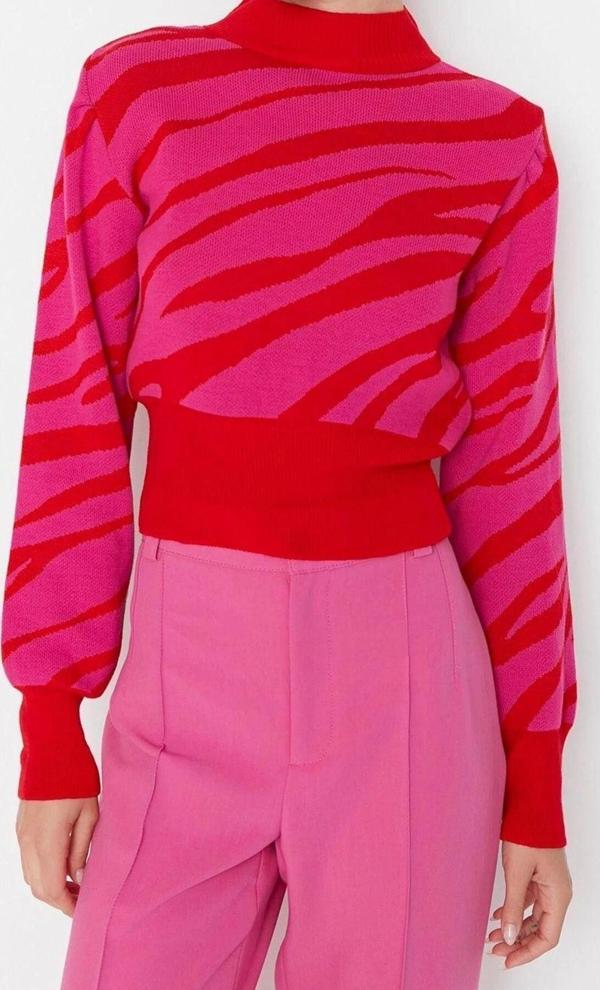 Kadın Modern Tarz Rahat Uzun Dik Yaka Zebra Kol Crop Triko Kazak - Image 1