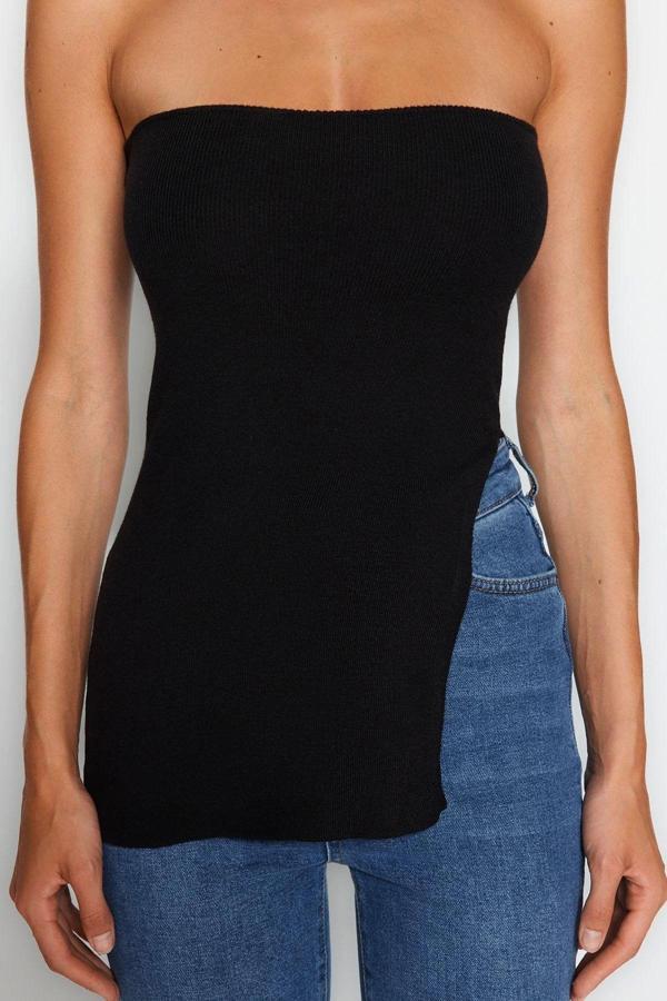 Moda Straplez Triko Slim Düz Desen Şık gece Regular Kolsuz Bluz - Image 1