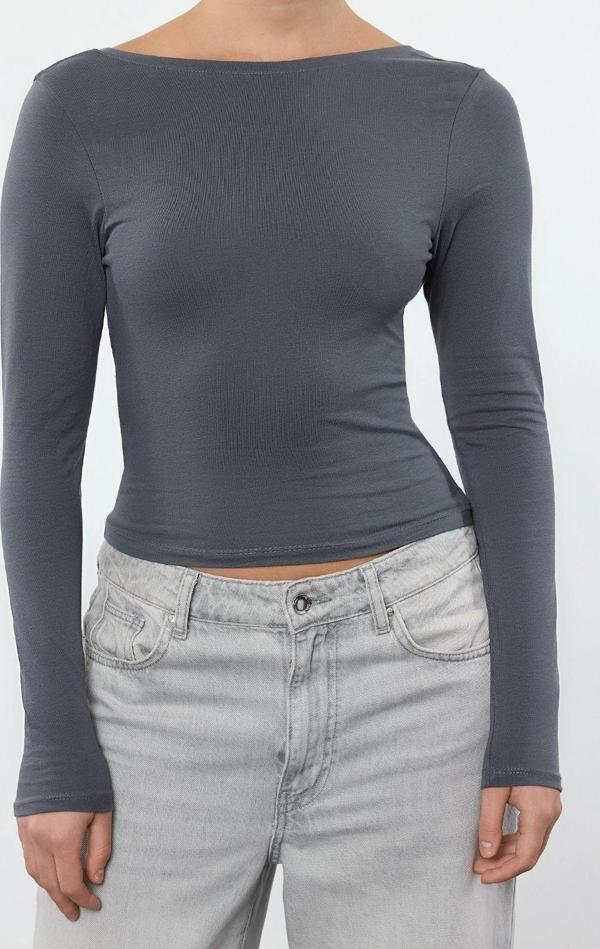 Moda Bisiklet Yaka Örme Slim Düz Desen Casual Günlük Regular Uzun Kol Bluz - Image 1