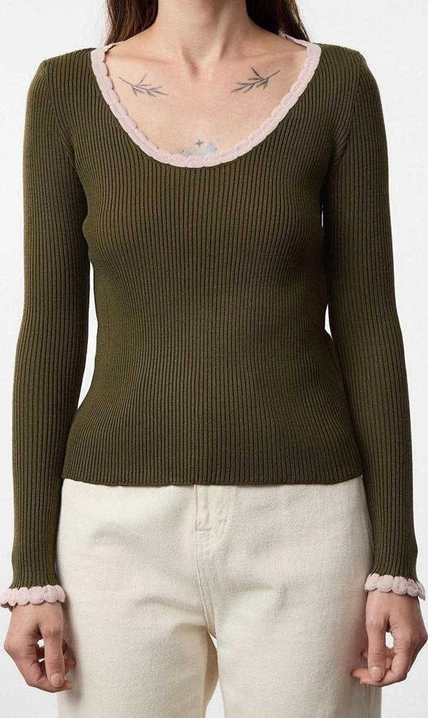 Stil Modern Kadın Regular Standart Kol Havuz Yaka Fitilli Renk Bloklu Triko Kazak - Image 1