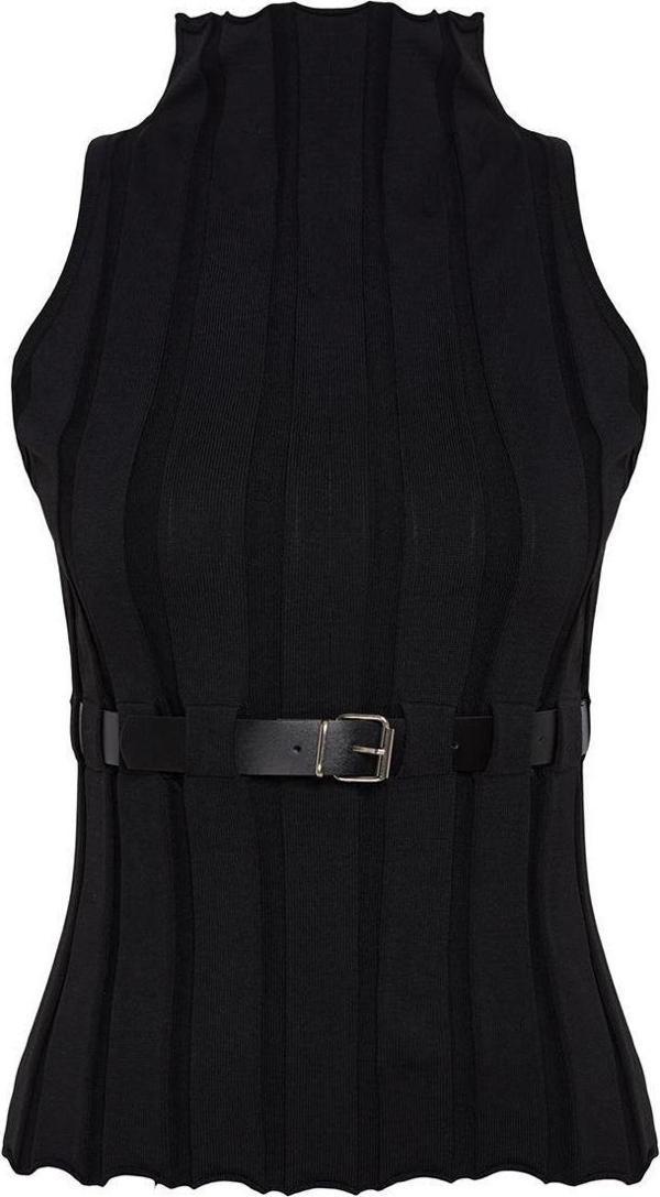 Stil Modern Kadın Regular Standart Kol Dik Yaka Kemerli Triko Süveter - Image 1