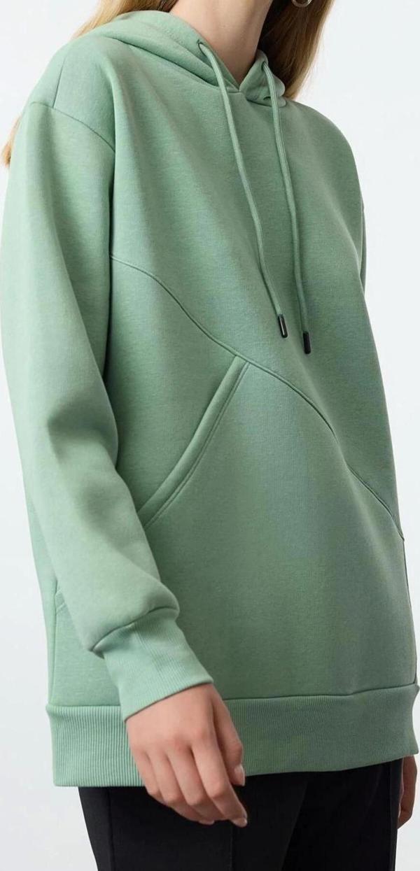 Tarz Bol Kapüşonlu Düşük Kol Uzun Kalın İçi Polarlı Geniş Kalıp Cep Detaylı Örme Sweatshirt - Image 1