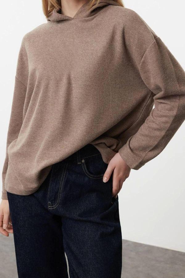 Tarz Bol Kapüşonlu Düşük Kol Uzun Selanik Geniş Kalıp Örme Sweatshirt - Image 1