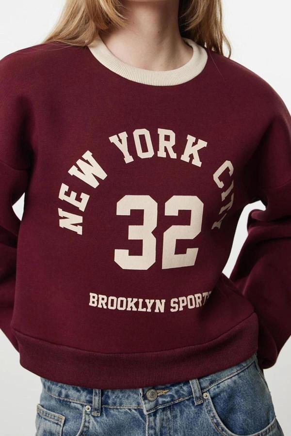 Oversize Bisiklet Yaka Düşük Kol Crop Slogan Geniş Kalıp Kalın İçi Polarlı Örme Sweatshirt - Image 1