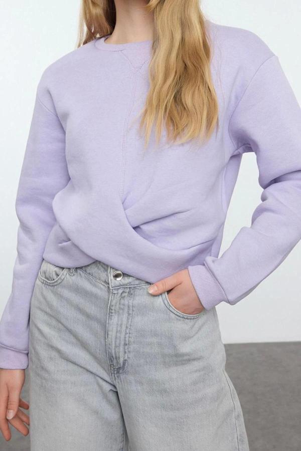 Tarz Slim Bisiklet Yaka Düşük Kol Crop Burgu Detaylı Crop Kalın İçi Polarlı Örme Sweatshirt - Image 1