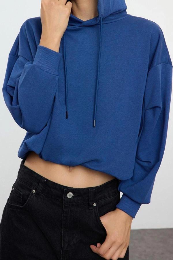 Relaxed Kapüşonlu Düşük Kol Regular Kalın İçi Polarlı Rahat Kesim Örme Sweatshirt - Image 1