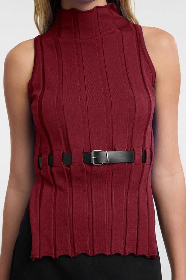 Stil Modern Kadın Regular Standart Kol Dik Yaka Kemerli Triko Süveter - Image 1