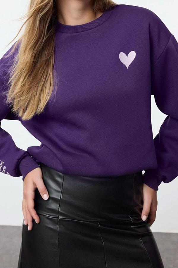 Regular Bisiklet Yaka Düşük Kol Regular Nakışlı Normal Kalıp Kalın İçi Polarlı Örme Sweatshirt - Image 1