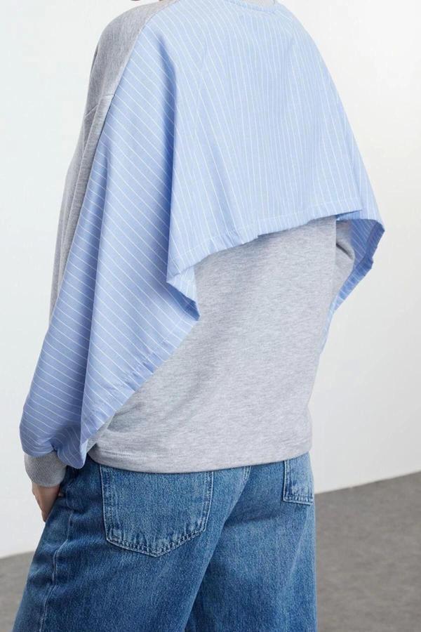 Tarz Relaxed Bisiklet Yaka Düşük Kol Regular Poplin Detaylı Rahat Kalıp Örme Sweatshirt - Image 1