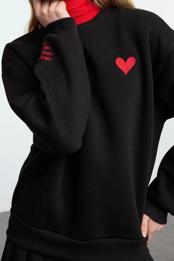 Regular Bisiklet Yaka Düşük Kol Regular Nakışlı Normal Kalıp Kalın İçi Polarlı Örme Sweatshirt - Image 1