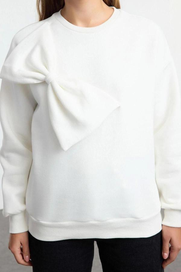 Tarz Bol Bisiklet Yaka Düşük Kol Uzun İnce Kurdele Detaylı Rahat Kesim Örme Sweatshirt - Image 1
