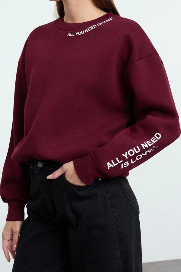 Bisiklet Yaka Düşük Kol Slogan Baskılı Normal Kalıp Kalın İçi Polarlı Örme Sweatshirt - Image 1