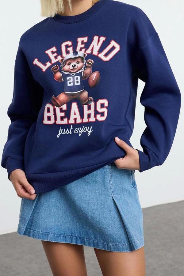 Tarz Bol Bisiklet Yaka Düşük Kol Uzun Baskılı Geniş Kalıp Kalın İçi Polarlı Örme Sweatshirt - Image 1